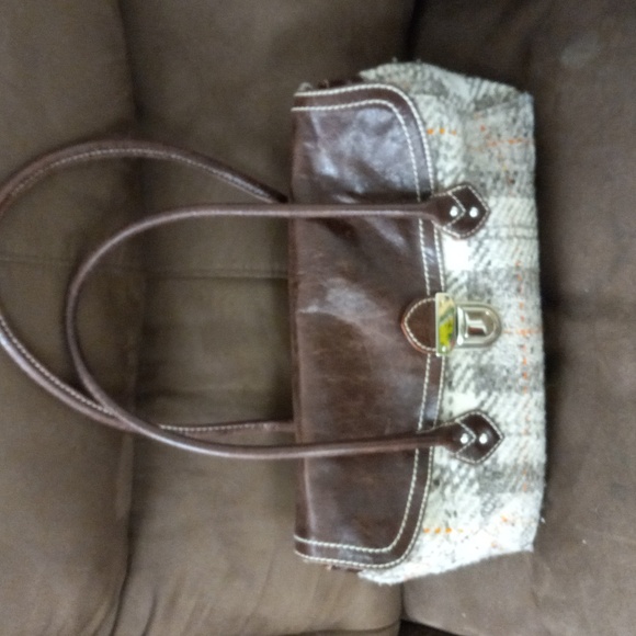 HELEN WELSH Fabric/Brown Leather Hand Bag Shoulder Lined  2-Straps - Picture 1 of 2